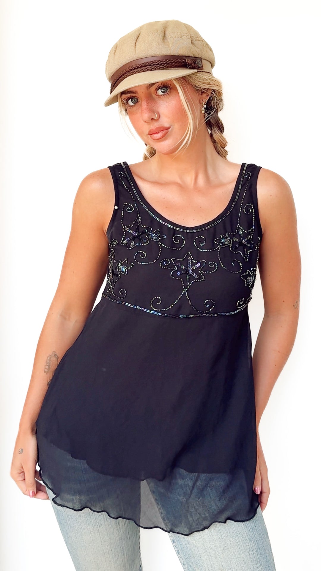 VTG BLACK BEADED TUNIC TOP /SUPER MINI DRESS / S-M