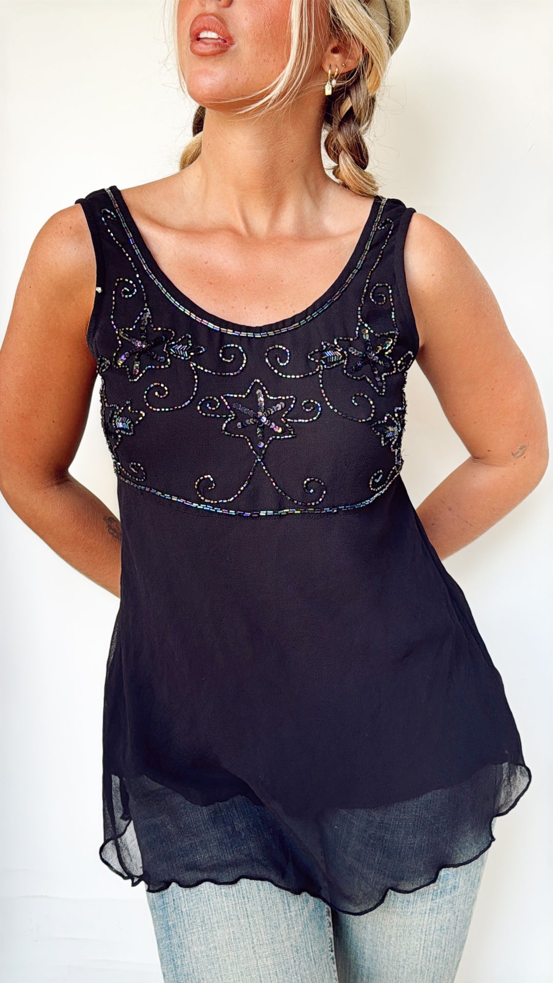 VTG BLACK BEADED TUNIC TOP /SUPER MINI DRESS / S-M