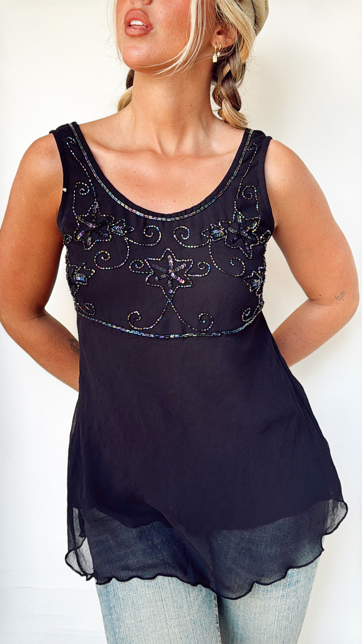 VTG BLACK BEADED TUNIC TOP /SUPER MINI DRESS / S-M