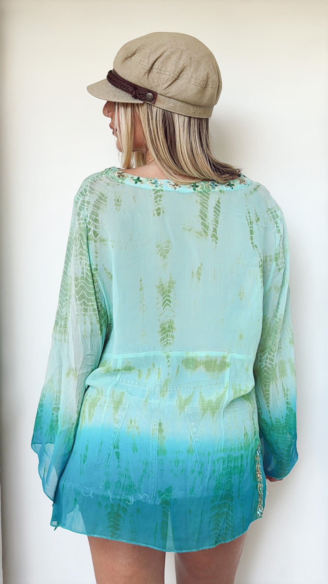 VTG GREEN SILK TUNIC TOP / MINI DRESS / L-XL