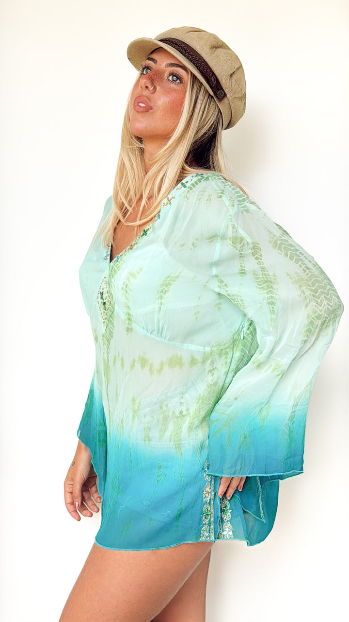 VTG GREEN SILK TUNIC TOP / MINI DRESS / L-XL