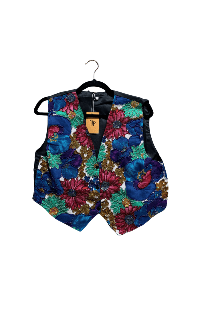 VTG BEADED FLOWER FESTIVAL VEST / M-L - VINTAGE