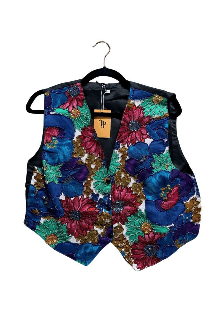 VTG BEADED FLOWER FESTIVAL VEST / M-L - VINTAGE