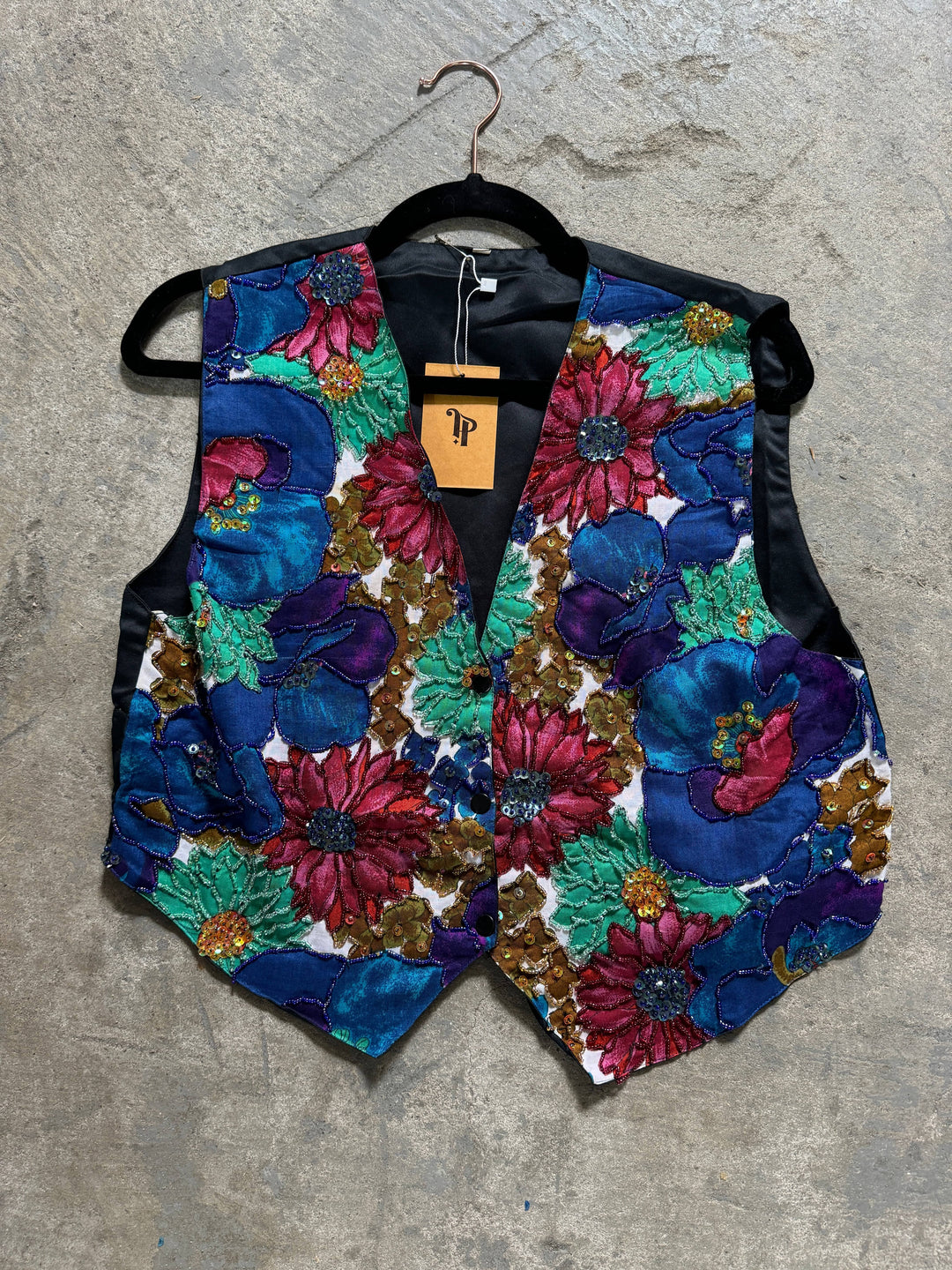 VTG BEADED FLOWER FESTIVAL VEST / M-L - VINTAGE