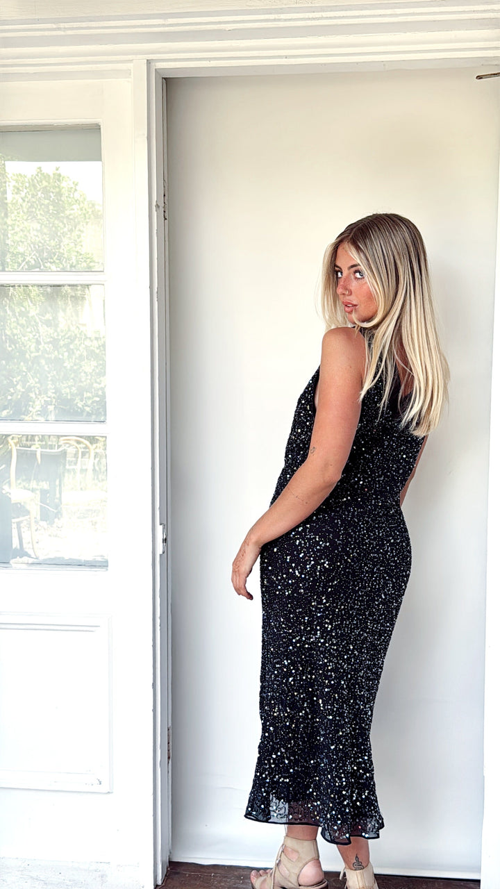 VTG DAHLIA V NECK BLACK BEADED SLIP STYLE DRESS / M-L - HER PONY VINTAGE
