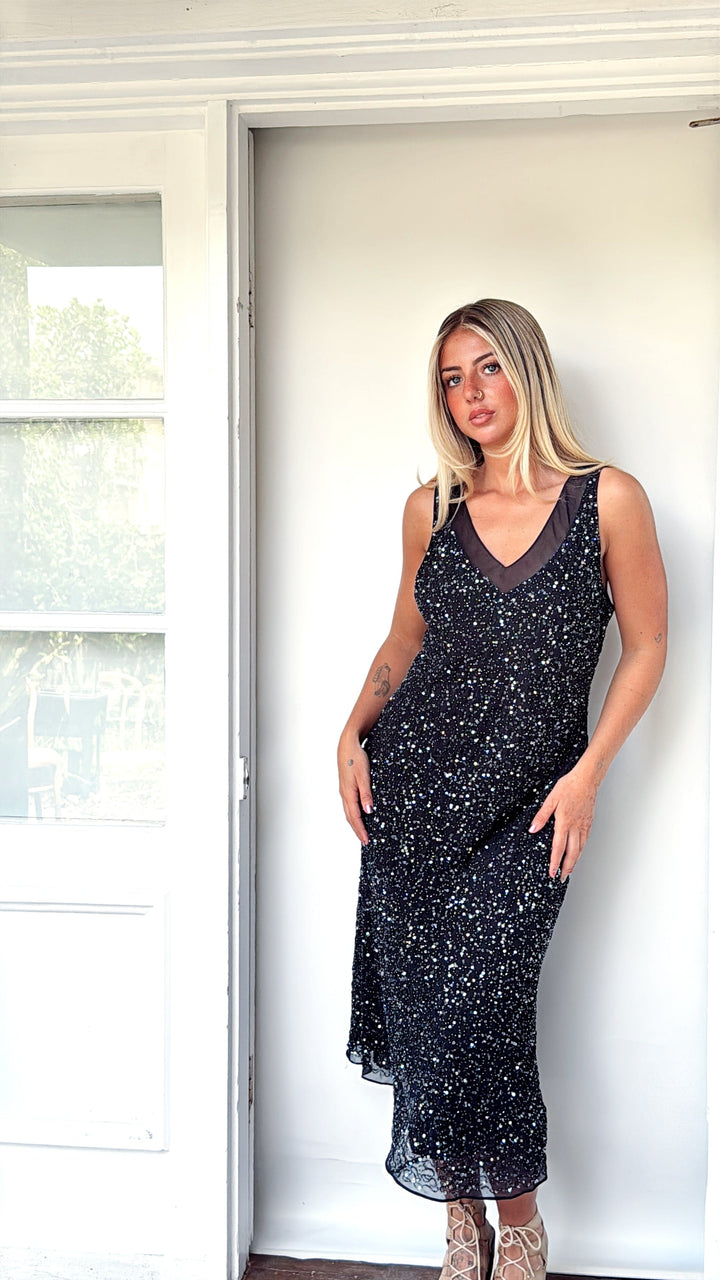 VTG DAHLIA V NECK BLACK BEADED SLIP STYLE DRESS / M-L - HER PONY VINTAGE