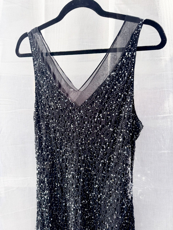 VTG DAHLIA V NECK BLACK BEADED SLIP STYLE DRESS / M-L - HER PONY VINTAGE