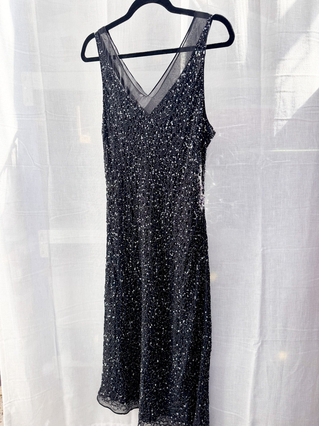 VTG DAHLIA V NECK BLACK BEADED SLIP STYLE DRESS / M-L - HER PONY VINTAGE