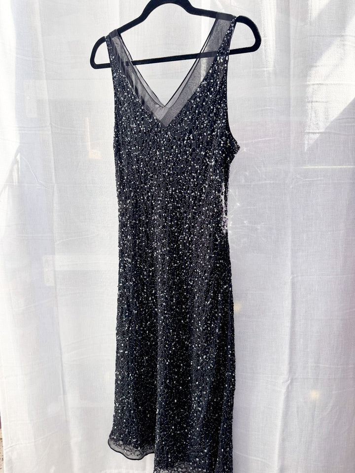 VTG DAHLIA V NECK BLACK BEADED SLIP STYLE DRESS / M-L - HER PONY VINTAGE
