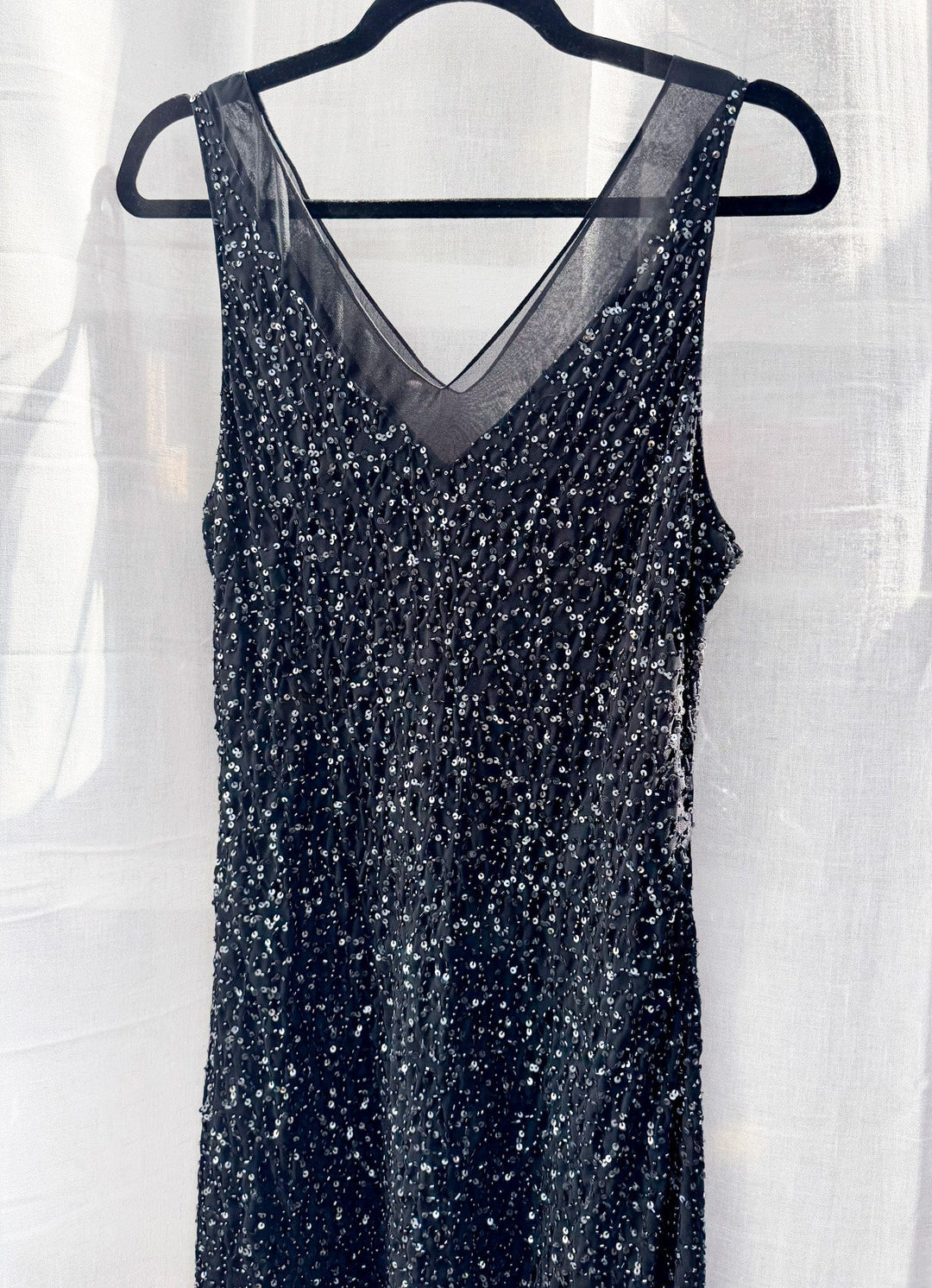 VTG DAHLIA V NECK BLACK BEADED SLIP STYLE DRESS / M-L - HER PONY VINTAGE