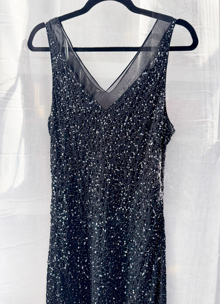 VTG DAHLIA V NECK BLACK BEADED SLIP STYLE DRESS / M-L - HER PONY VINTAGE