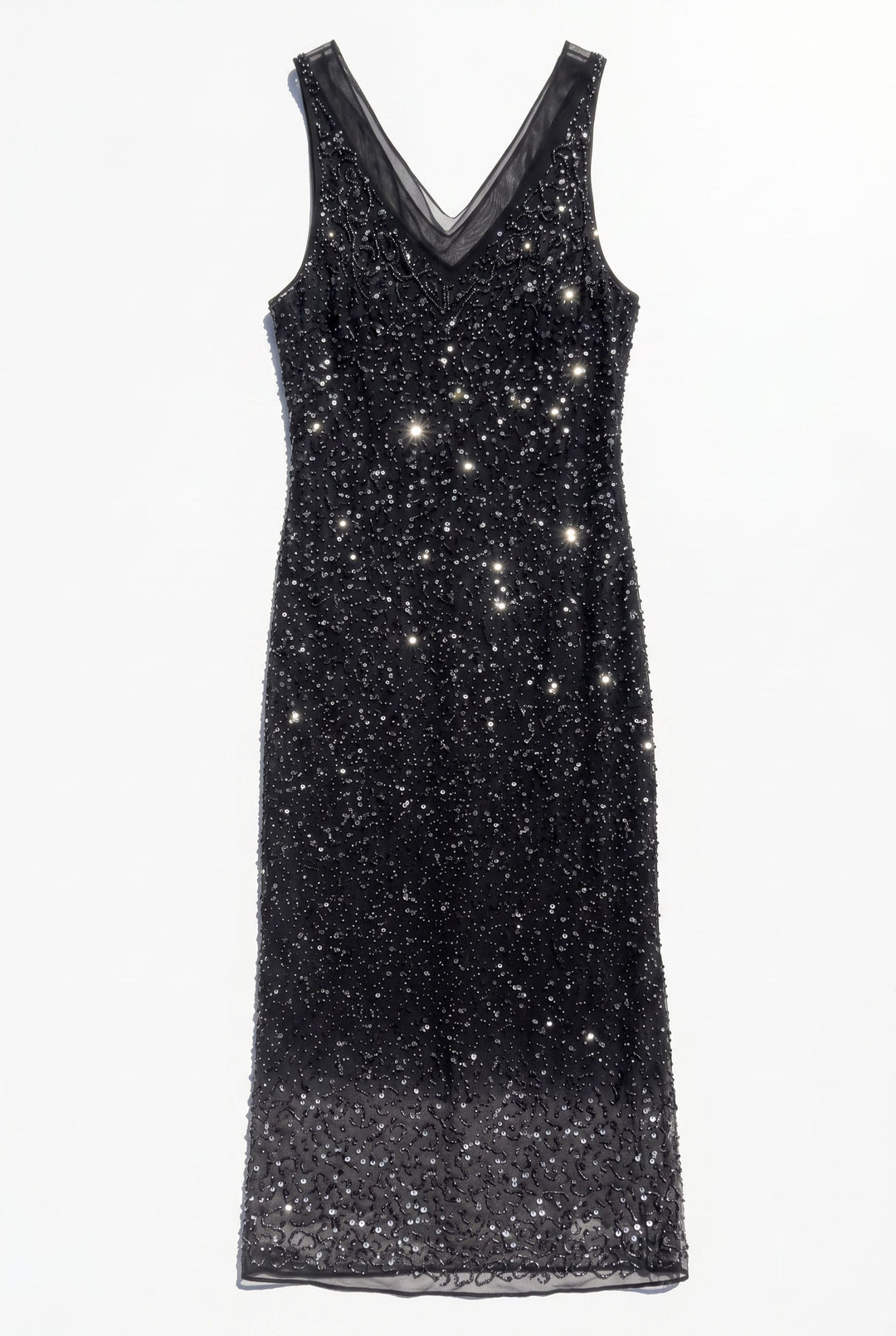 VTG DAHLIA V NECK BLACK BEADED SLIP STYLE DRESS / M-L - VINTAGE