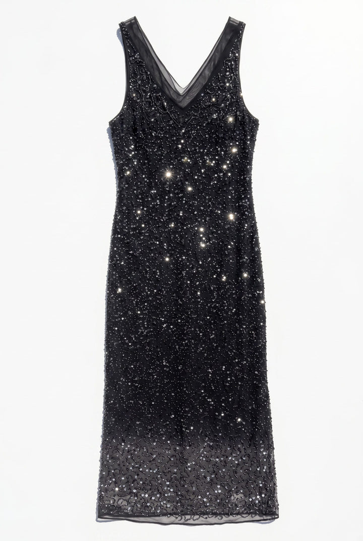 VTG DAHLIA V NECK BLACK BEADED SLIP STYLE DRESS / M-L - VINTAGE