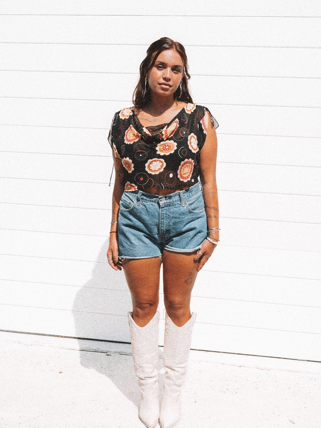 VTG FLOWER POWER COWL NECK CROP / M-L - RE-WORKED