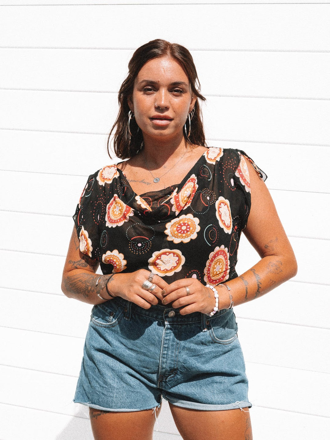 VTG FLOWER POWER COWL NECK CROP / M-L - RE-WORKED