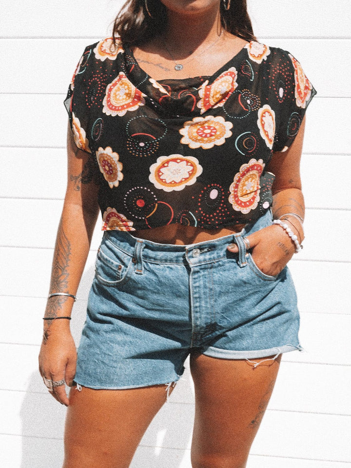 VTG FLOWER POWER COWL NECK CROP / M-L - RE-WORKED