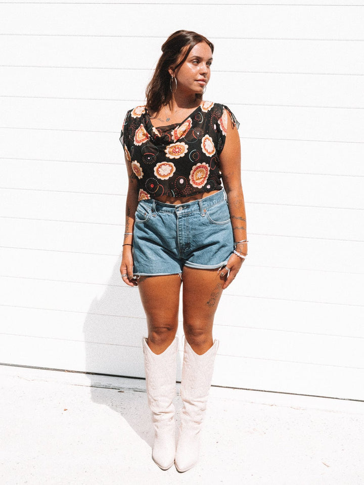 VTG FLOWER POWER COWL NECK CROP / M-L - RE-WORKED