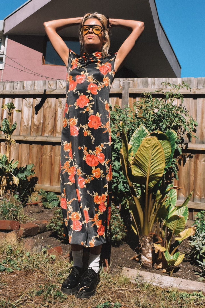 *VTG NAIA RED FLOWER HIGH NECK DRESS / - HER PONY VINTAGE