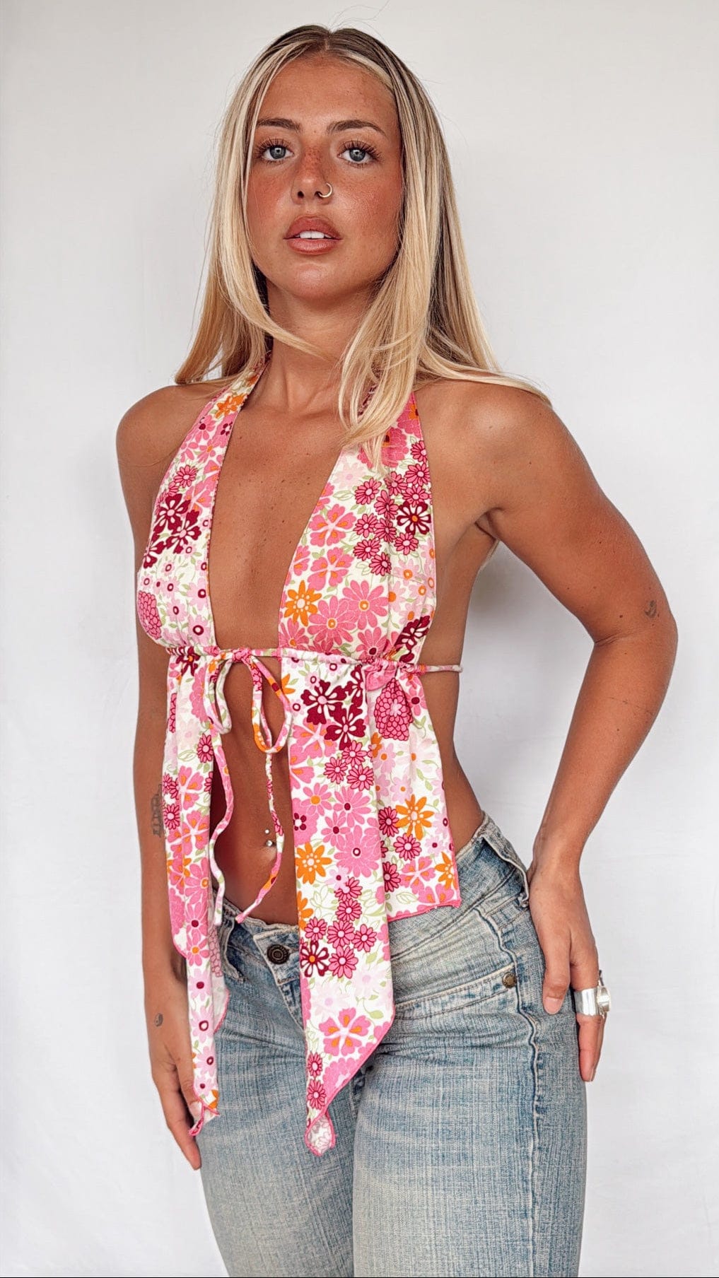 VTG PEONY PIXIE BACKLESS HALTER TOP / XS-S - HER PONY VINTAGE